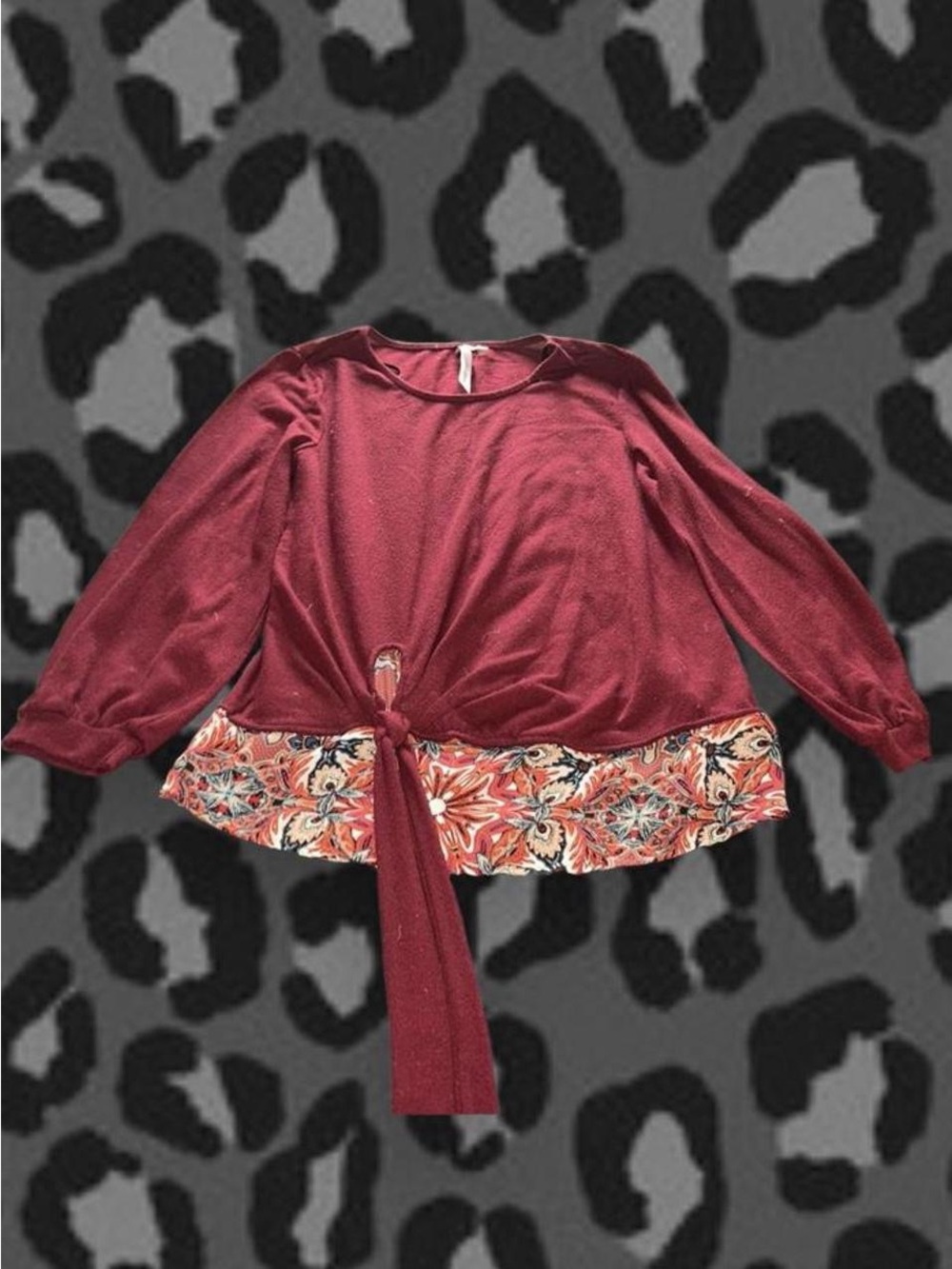 NY Collection Maroon Tie-Front Blouse with Floral Hem